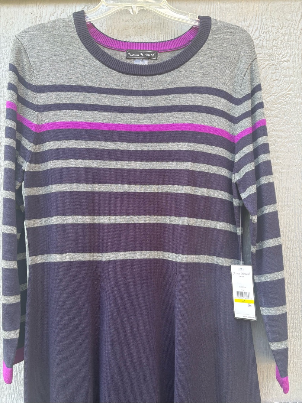 Jessica Howard  Navy Blue, Fuchsia Bright Pink & Gray Striped Knit Sweater Dress - Picture 4 of 12